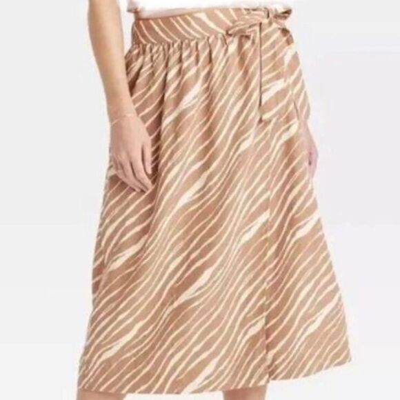 A New Day Khaki Cream Zebra Stripe Linen Blend Midi Wrap Skirt NEW - Picture 2 of 16